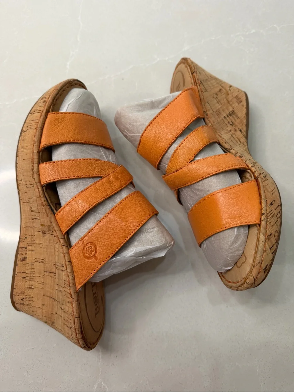 Born Zemora Orange Leather Strappy Cork Wedge Sandals 8M Boho Slide